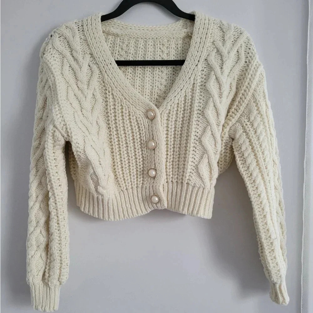 SHEIN Ivory Cable Knit Cardigan